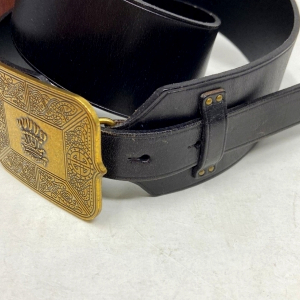 Ralph Lauren Black Leather Belt with Wide Gold Buckle Adorned With Celtic Crown. - Picture 5 of 13